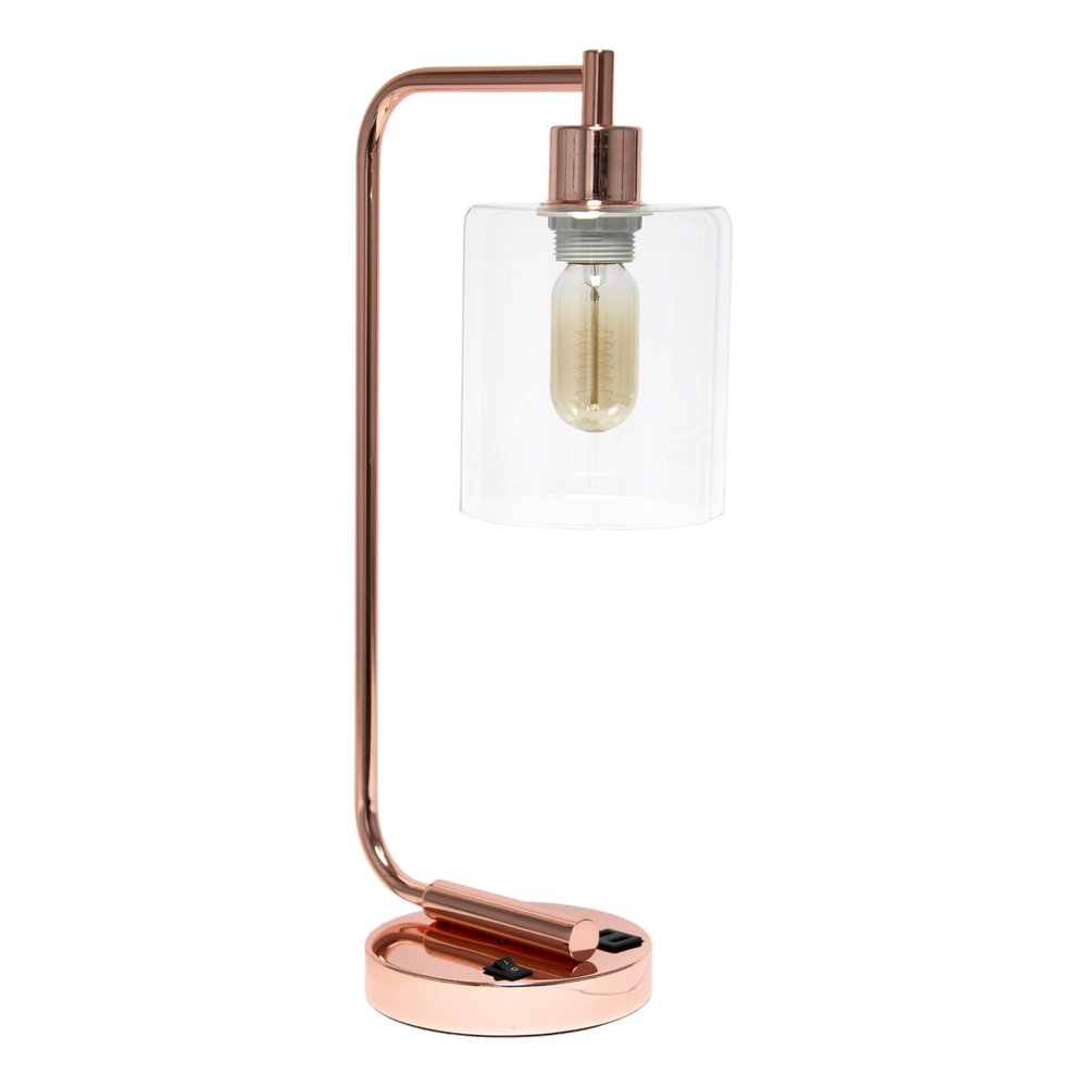 19" Rose Gold Iron Lantern USB Table Lamp With Clear Cylinder Shade