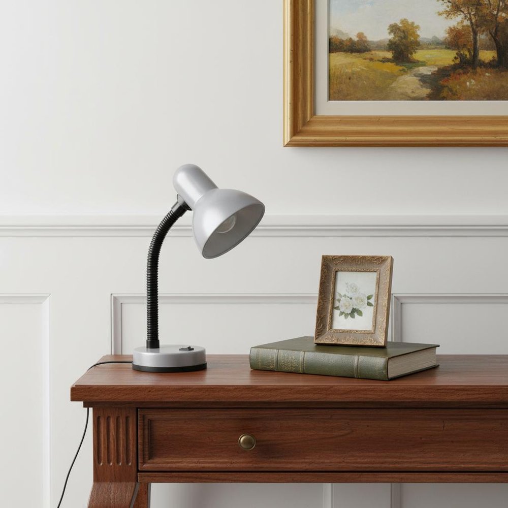 14" Silver Metal Swing Arm Table Lamp LED