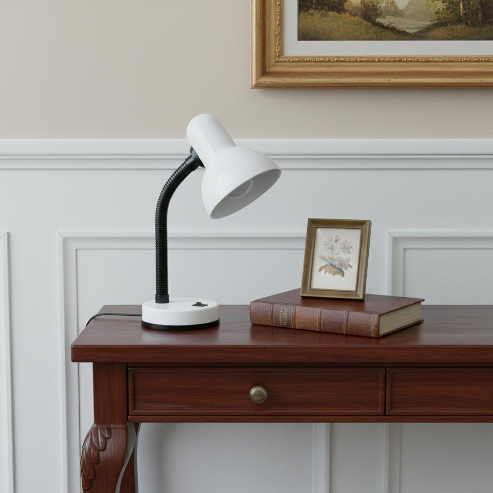 14" White Metal Swing Arm Table Lamp LED