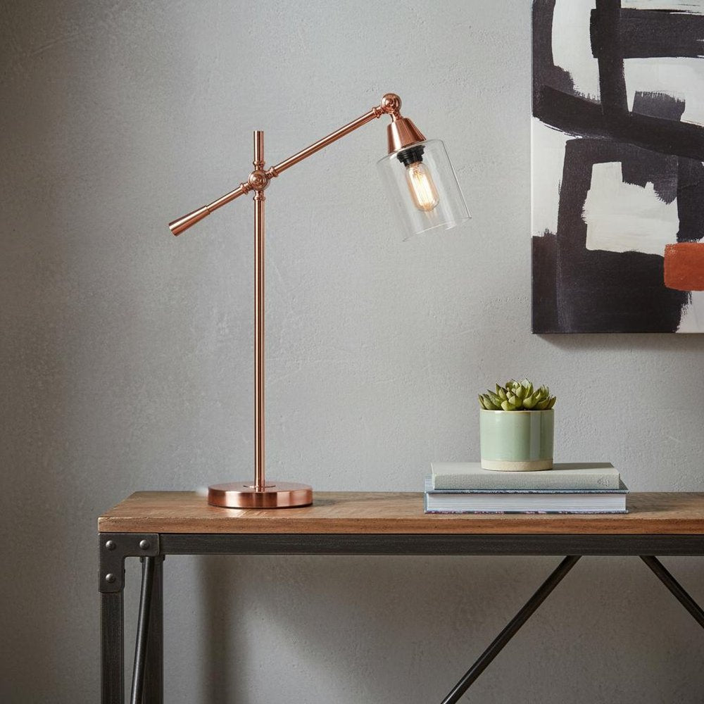 28" Rose Gold Metal Table Lamp With Clear Cylinder Shade