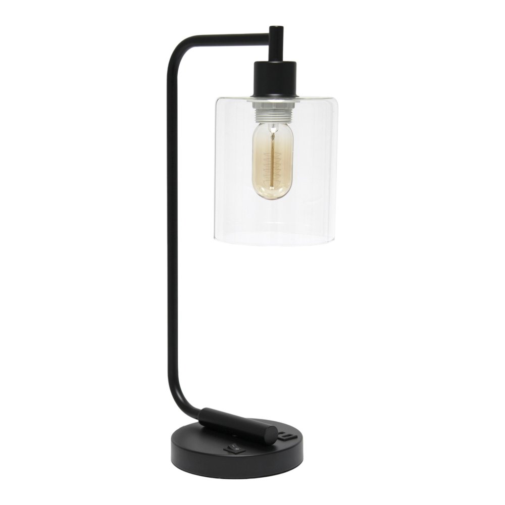 19" Black Iron Lantern USB Table Lamp With Clear Cylinder Shade