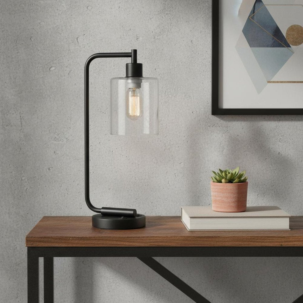 19" Black Iron Lantern USB Table Lamp With Clear Cylinder Shade