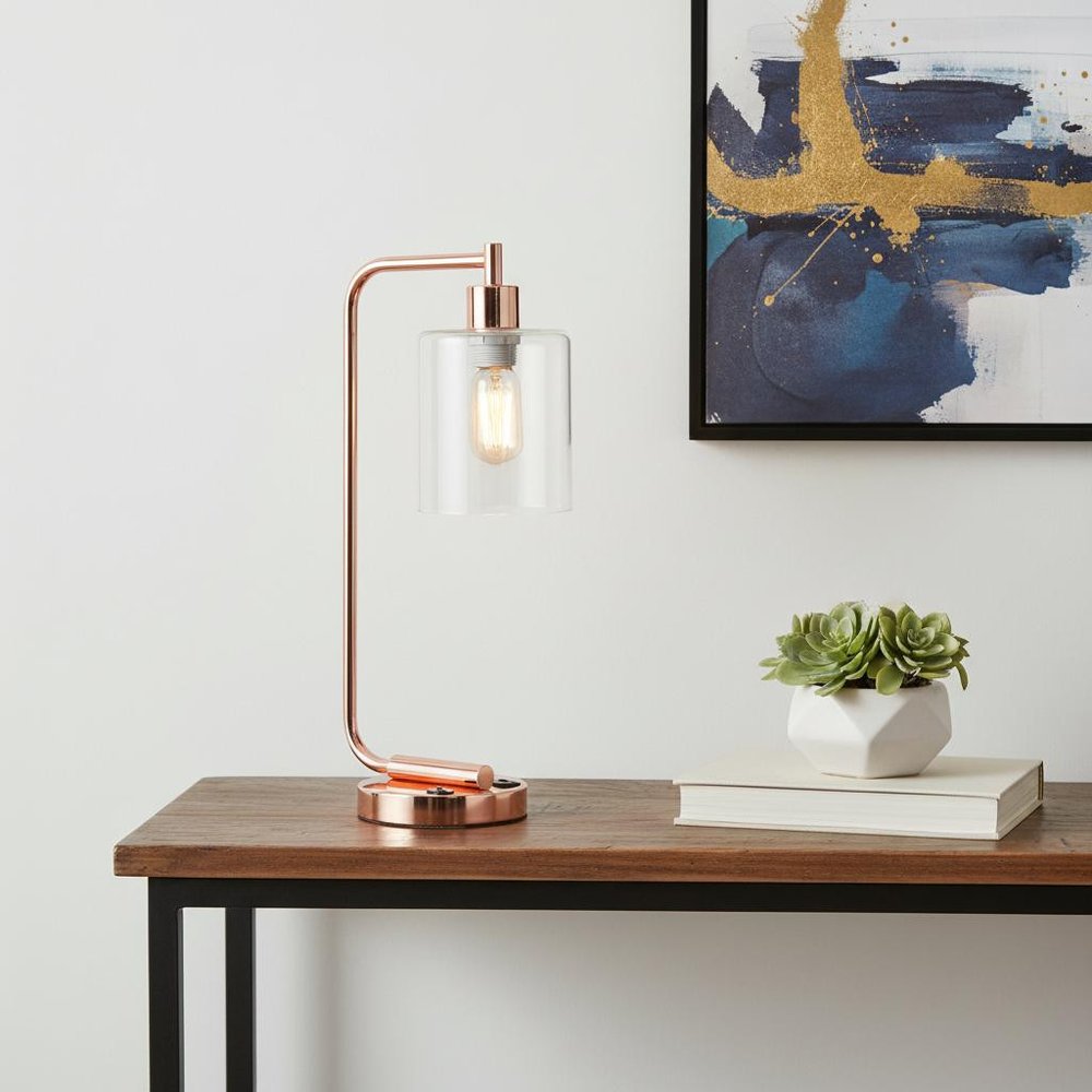 19" Rose Gold Iron Lantern USB Table Lamp With Clear Cylinder Shade