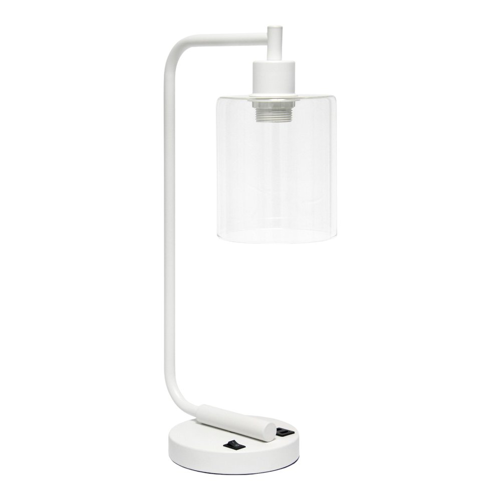 19" White Iron Lantern USB Table Lamp LED With Clear Cylinder Shade