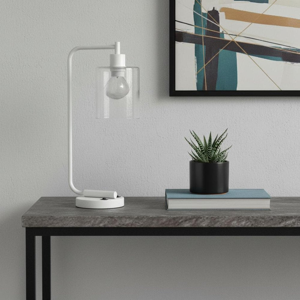 19" White Iron Lantern USB Table Lamp LED With Clear Cylinder Shade