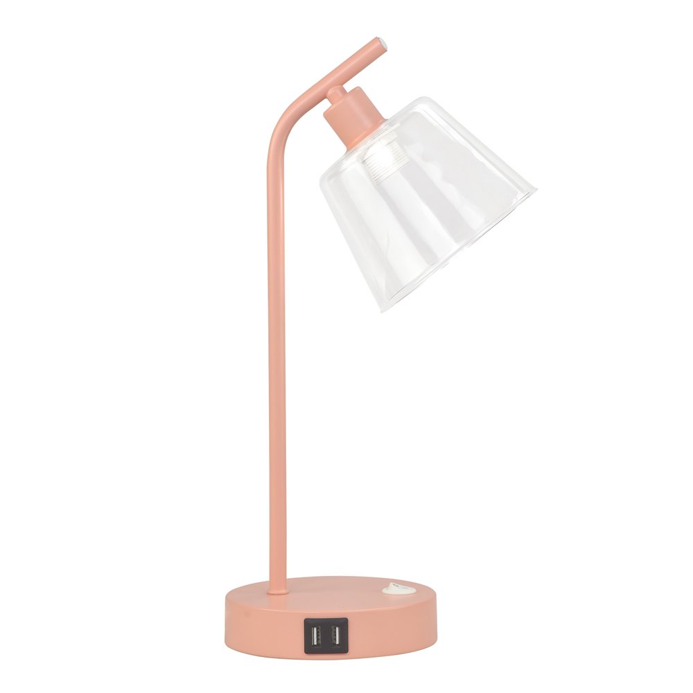 16" Blush Metal USB Table Lamp With Clear Globe Shade