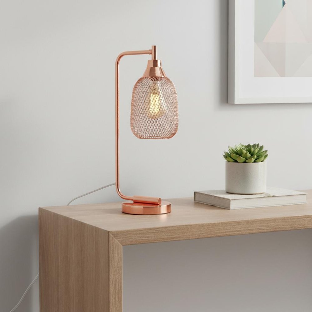 19" Rose Gold Metal Lantern Table Lamp With Rose Gold Globe Shade