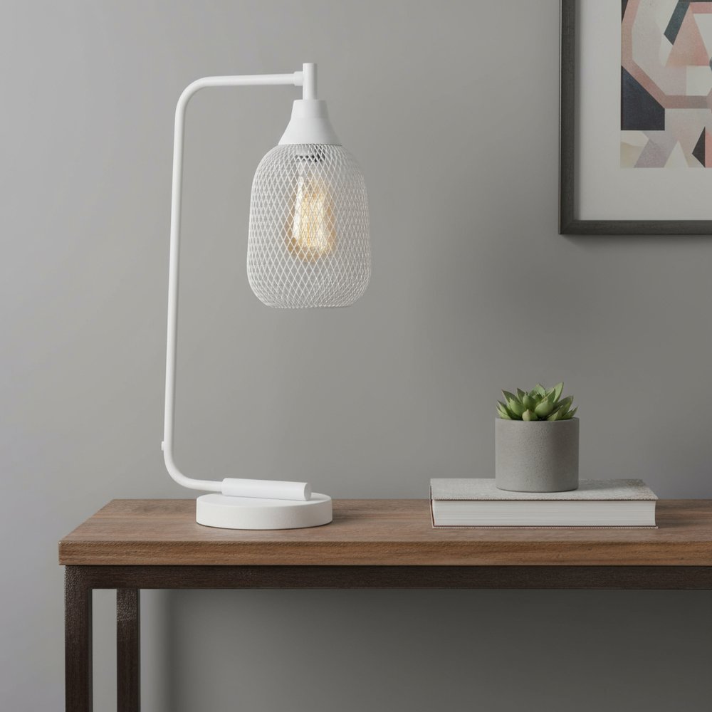 19" White Metal Lantern Table Lamp With White Globe Shade