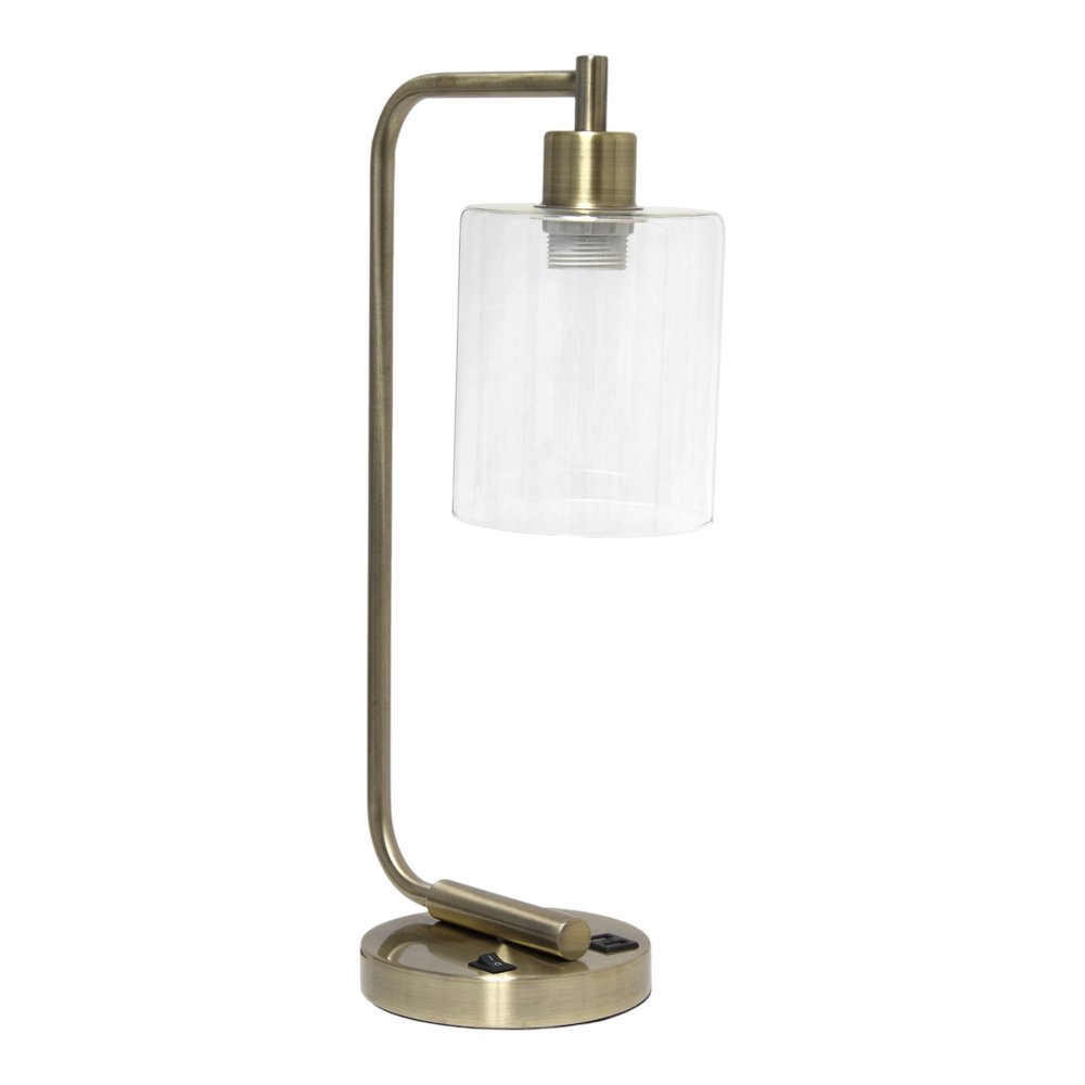 19" Antiqued Brass Metal Lantern USB Table Lamp LED With Clear Cylinder Shade