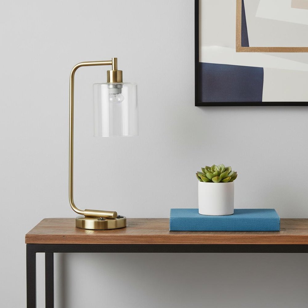 19" Antiqued Brass Metal Lantern USB Table Lamp LED With Clear Cylinder Shade