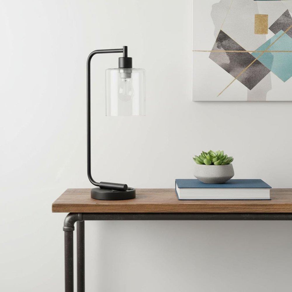 19" Black Iron Lantern USB Table Lamp LED With Clear Cylinder Shade