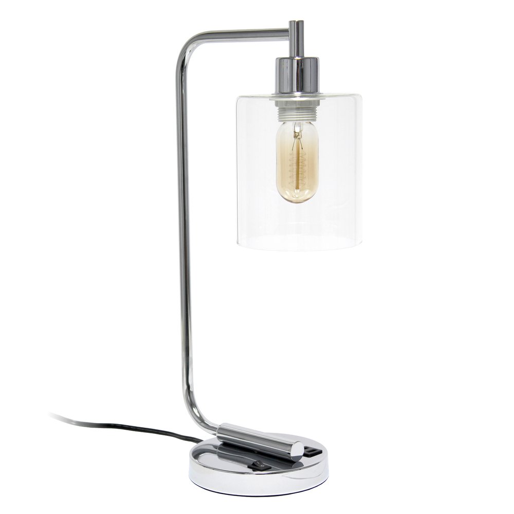 19" Silver Iron Lantern USB Table Lamp With Clear Cylinder Shade