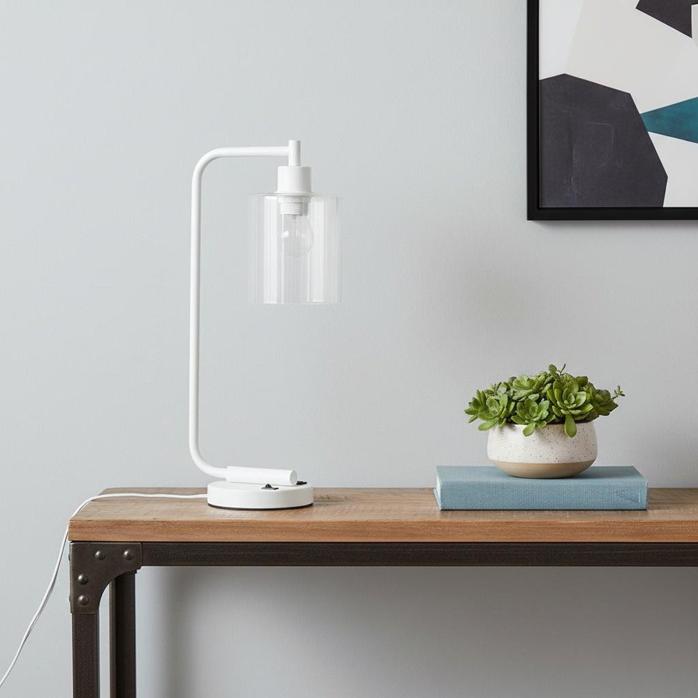 19" White Iron Lantern USB Table Lamp LED With Clear Cylinder Shade