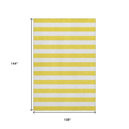 9' X 12' Yellow And Ivory Striped Washable Area Rug With UV Protection