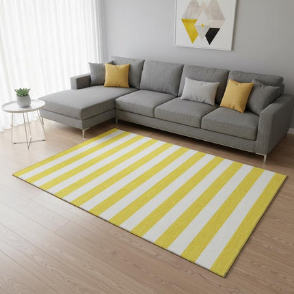 9' X 12' Yellow And Ivory Striped Washable Area Rug With UV Protection