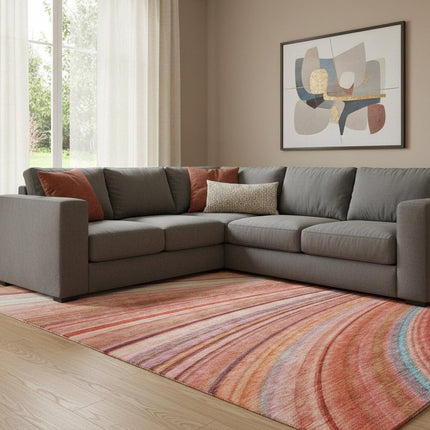 9' X 12' Terra Cotta Blue And Ivory Striped Washable Area Rug With UV Protection HomeRoots