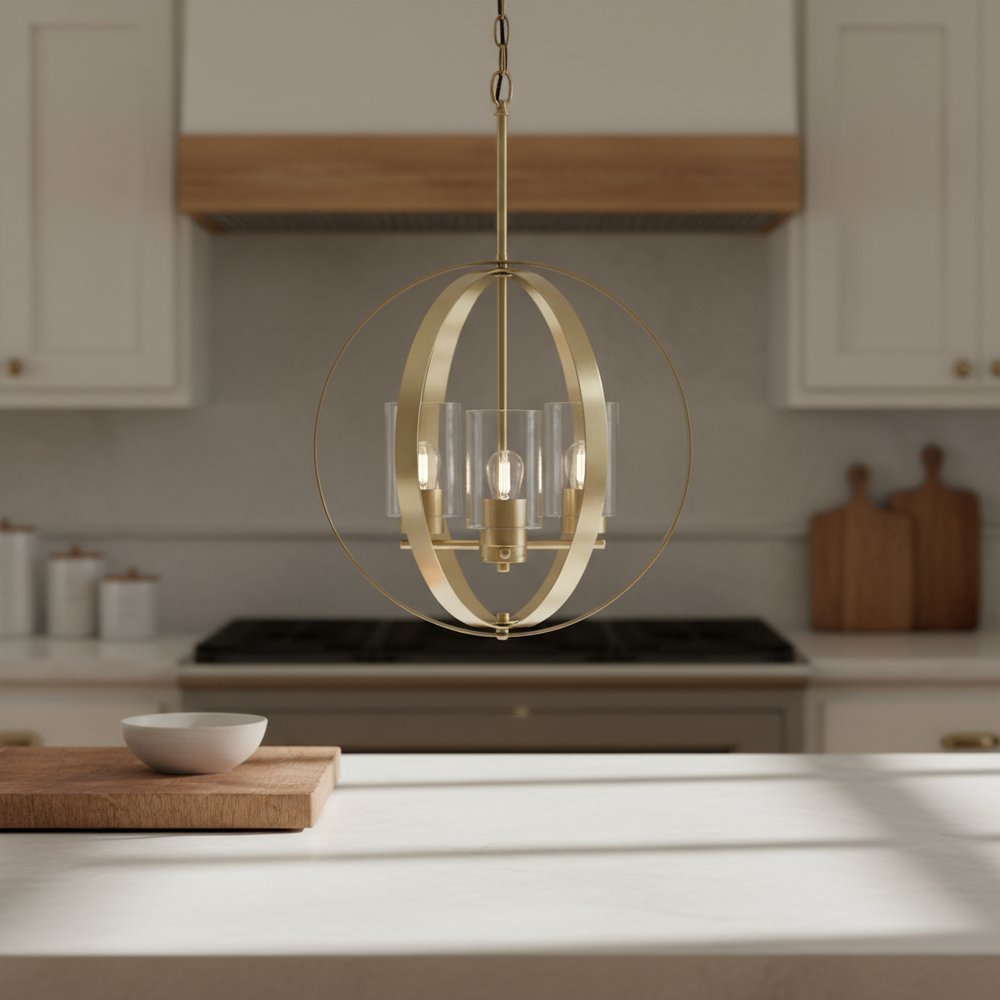 Antiqued Brass Clear And Black Sphere Three Light Iron Ceiling Light With Antiqued Brass Shades