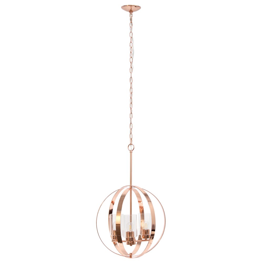 Rose Gold And Clear Sphere Three Light Iron Ceiling Light With Rose Gold Shades