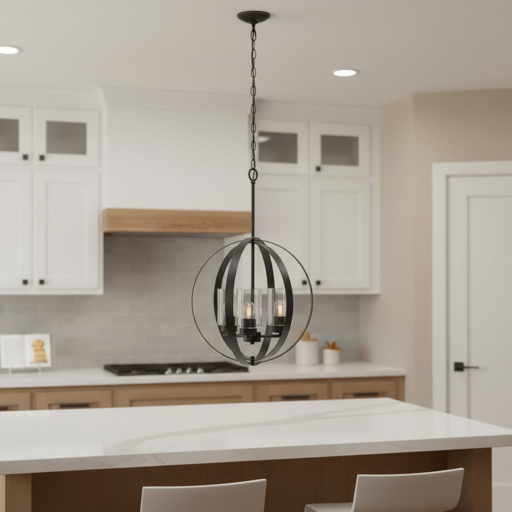 Bronze And Black Sphere Three Light Iron Ceiling Light With Bronze And Black Shades