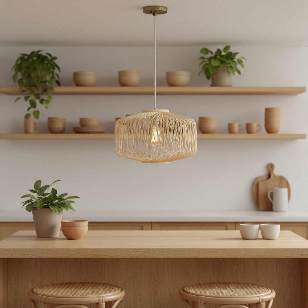 Natural And Silver Unique Statement Rattan Ceiling Light With Natural Shades