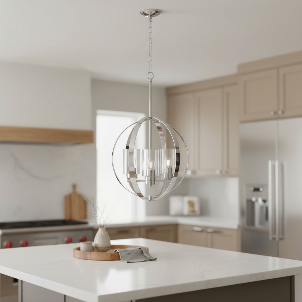 Silver And Clear Sphere Three Light Iron Ceiling Light With Silver And Clear Shades