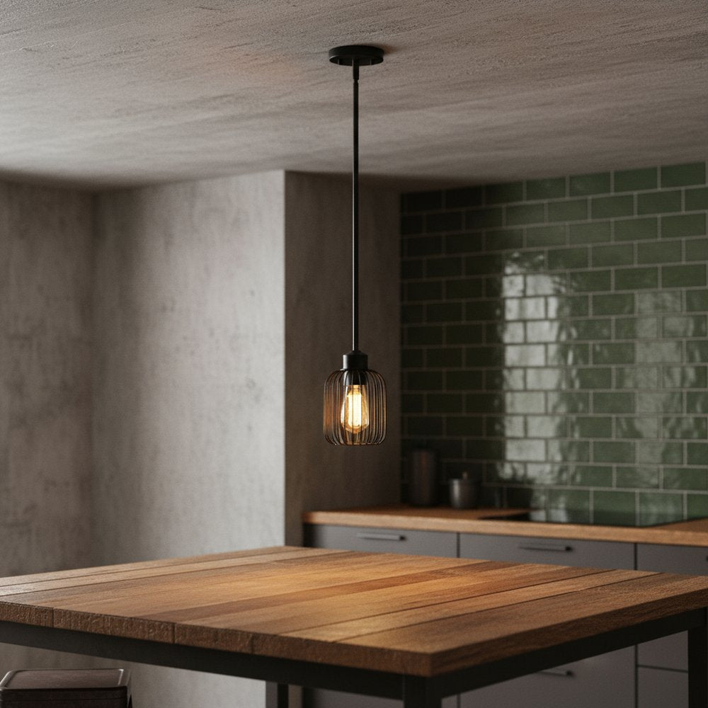 Black Caged Iron Ceiling Light With Black Shades