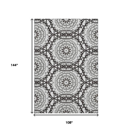 9' X 12' White And Black Geometric Washable Area Rug With UV Protection HomeRoots