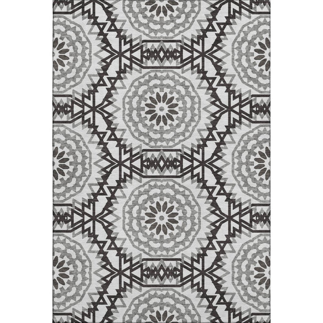 9' X 12' White And Black Geometric Washable Area Rug With UV Protection
