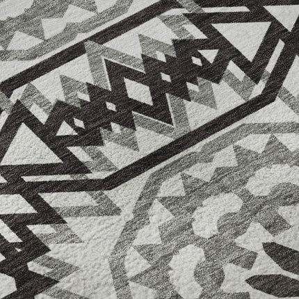 9' X 12' White And Black Geometric Washable Area Rug With UV Protection HomeRoots