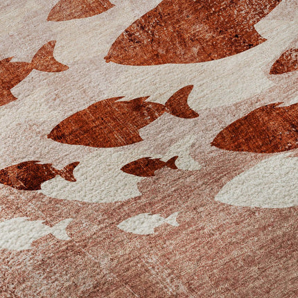 9' X 12' Terra Cotta And Ivory Nautical Washable Area Rug With UV Protection HomeRoots