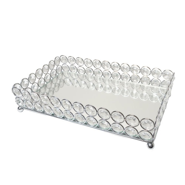 11" Silver And Clear Faux Crystal Metal And Mirrored Glass Vanity Tray