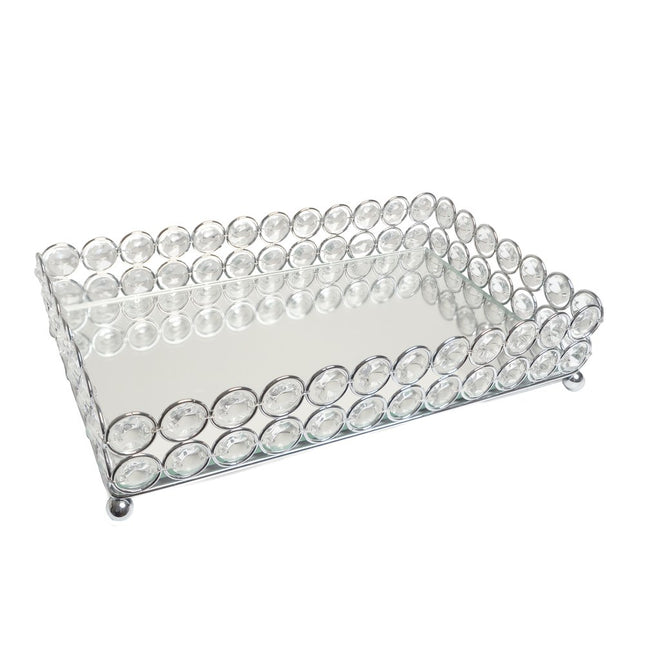 11" Silver And Clear Faux Crystal Metal And Mirrored Glass Vanity Tray