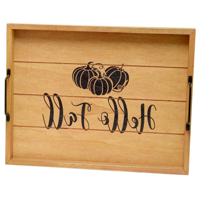 16" Natural And Black Hello Fall Serving Tray With Handles