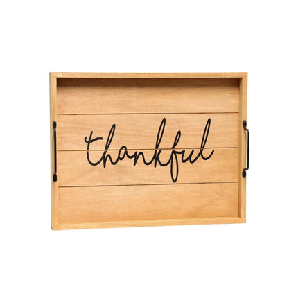 16" Natural And Black Thankful Serving Tray With Handles