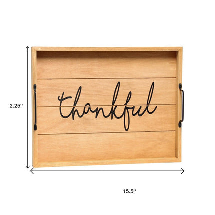 16" Natural And Black Thankful Serving Tray With Handles