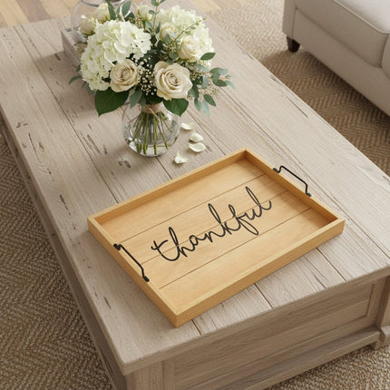 16" Natural And Black Thankful Serving Tray With Handles