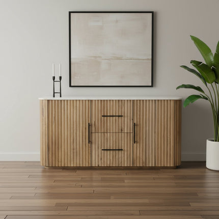 63" Brown And White Solid Wood And Marble Ribbed Texture Sideboard with Two Doors HomeRoots