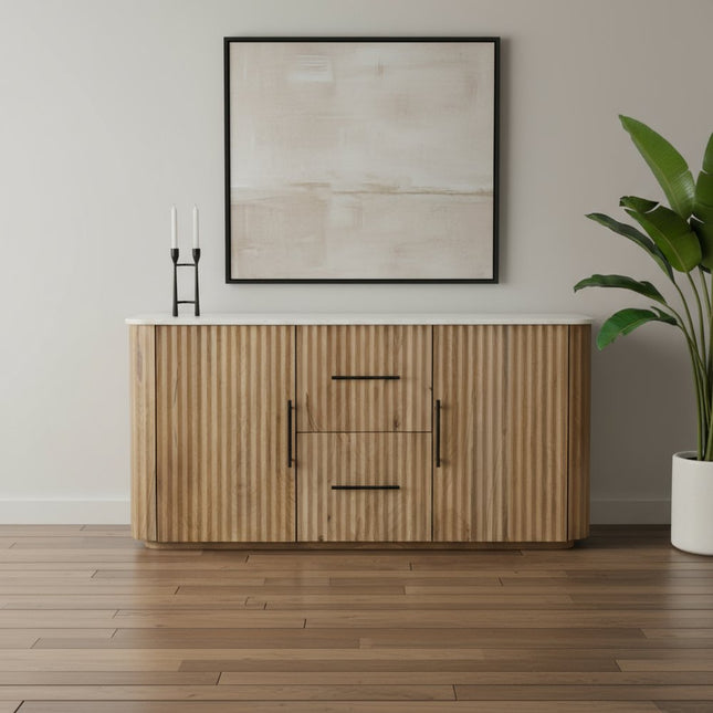 63" Brown And White Solid Wood And Marble Ribbed Texture Sideboard with Two Doors HomeRoots