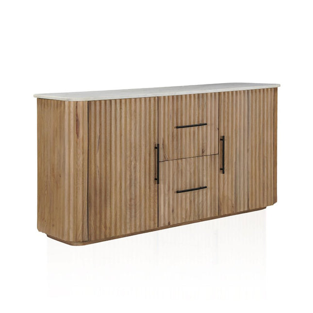 63" Brown And White Solid Wood And Marble Ribbed Texture Sideboard with Two Doors HomeRoots