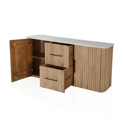 63" Brown And White Solid Wood And Marble Ribbed Texture Sideboard with Two Doors HomeRoots