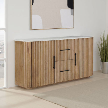63" Brown And White Solid Wood And Marble Ribbed Texture Sideboard with Two Doors HomeRoots