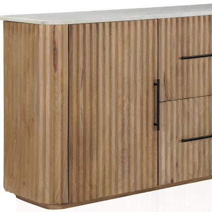 63" Brown And White Solid Wood And Marble Ribbed Texture Sideboard with Two Doors HomeRoots