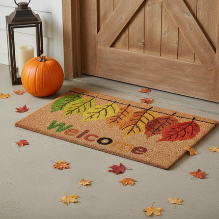 24" X 36" Brown And Natural Fall Leaves Welcome Outdoor Coir Door Mat HomeRoots