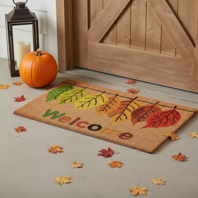 24" X 36" Brown And Natural Fall Leaves Welcome Outdoor Coir Door Mat HomeRoots