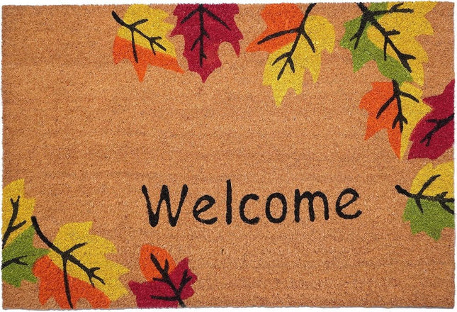 24" X 36" Brown And Natural Fall Leaves Welcome Outdoor Coir Door Mat HomeRoots