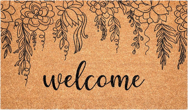 24" X 36" Brown And Natural Floral Welcome Outdoor Coir Door Mat HomeRoots
