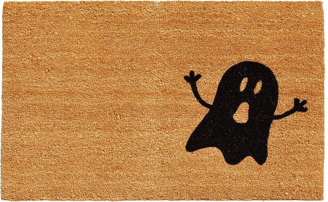 24" X 36" Natural And Black Halloween Ghost Outdoor Coir Door Mat HomeRoots