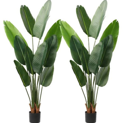 Set of Two 7" Green Artificial Banana Leaf In Cylindrical Black Cement Pot HomeRoots