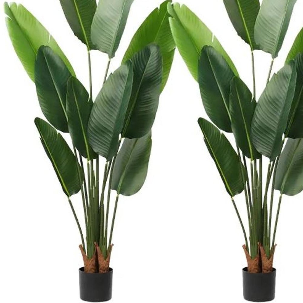 Set of Two 7" Green Artificial Banana Leaf In Cylindrical Black Cement Pot