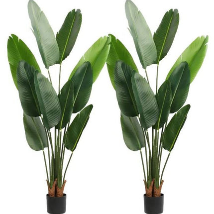 Set of Two 7" Green Artificial Banana Leaf In Cylindrical Black Cement Pot HomeRoots